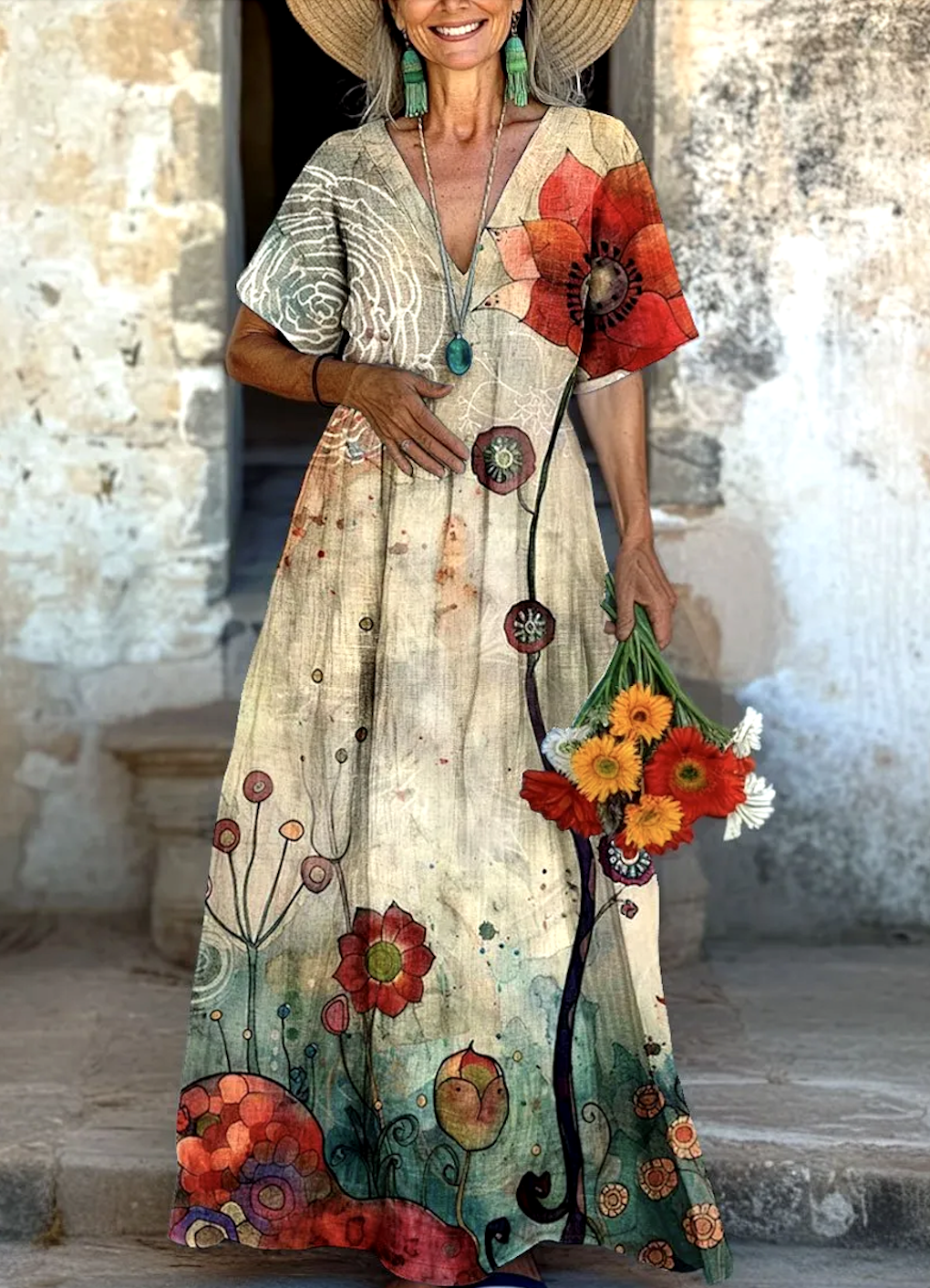 Damen Geblümt Kurzarm Sommer Kleid V-Ausschnitt Täglich Lässig Maxikleid A-Linien-Kleid