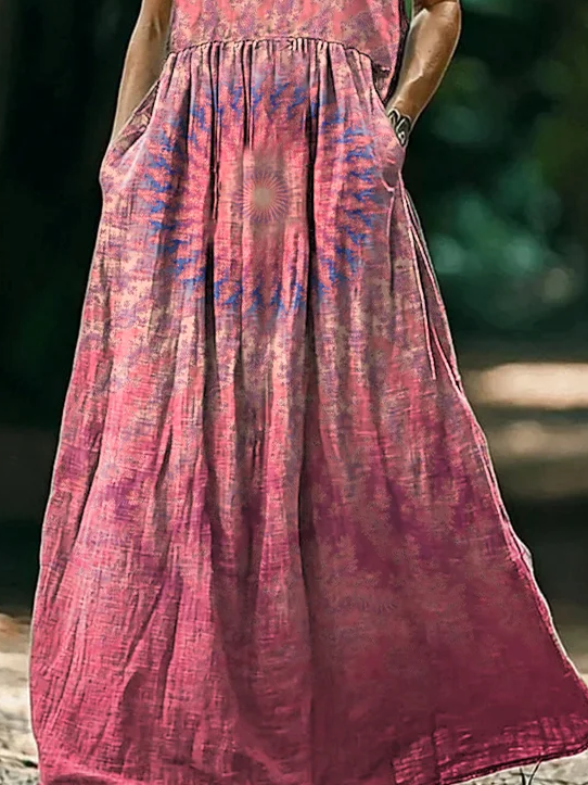 Damen Farbverlauf Ärmellos Sommer Print Kleid Rundhals Täglich Lässig Maxikleid Tanktop H-Linie Kleid