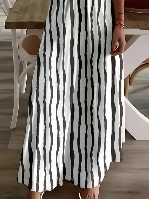 Damen Gestreift Ärmellos Sommer Print Kleid V-Ausschnitt Täglich Lässig Maxikleid Unterhose Kleid X-Linie Kleid