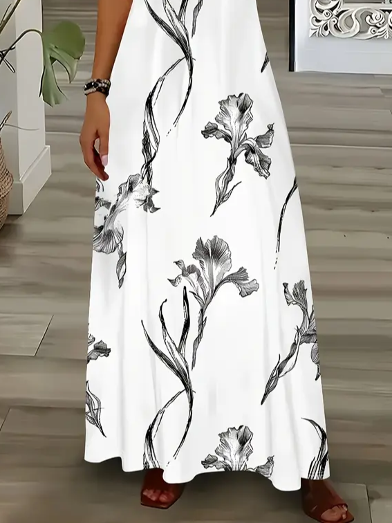 Damen Geblümt Ärmellos Sommer Print Kleid V-Ausschnitt Täglich Lässig Maxikleid Unterhose Kleid X-Linie Kleid