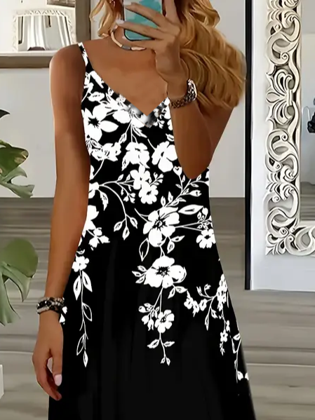 Damen Geblümt Ärmellos Sommer Print Kleid V-Ausschnitt Täglich Lässig Maxikleid Unterhose Kleid X-Linie Kleid