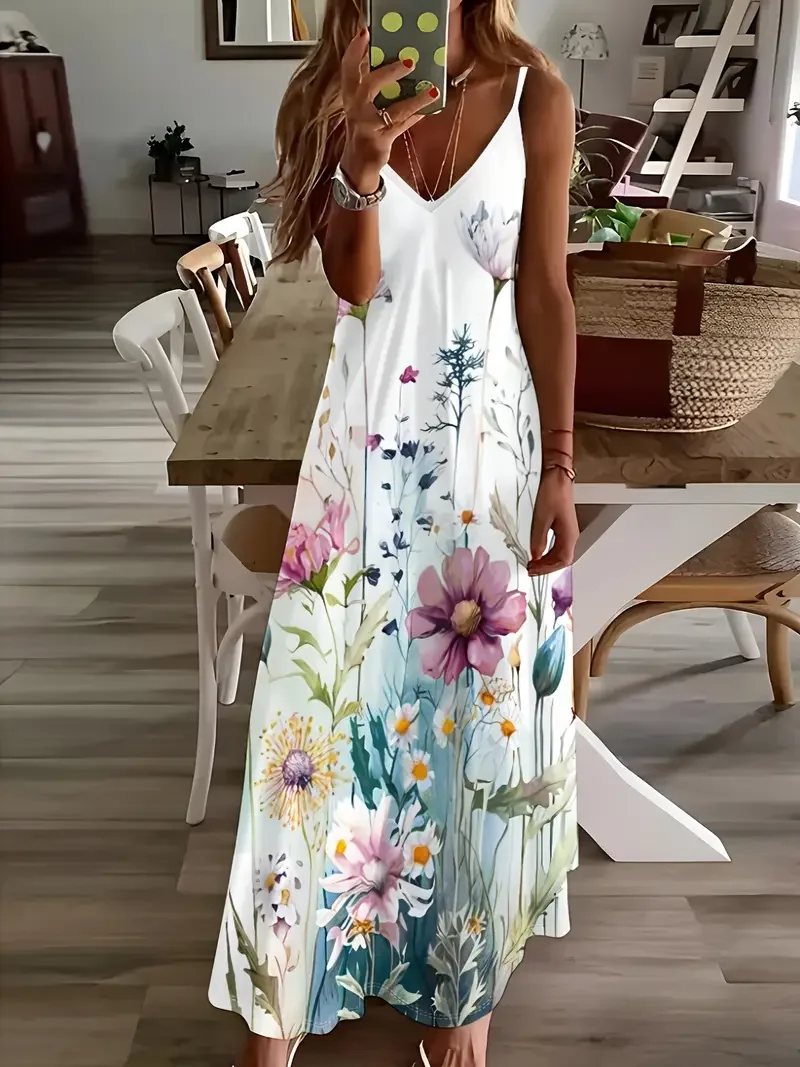 Damen Geblümt Ärmellos Sommer Print Kleid V-Ausschnitt Täglich Lässig Maxikleid Unterhose Kleid X-Linie Kleid