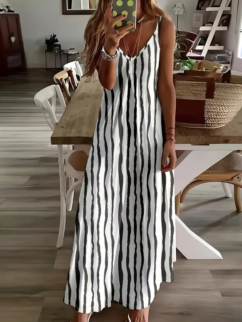 Damen Gestreift Ärmellos Sommer Print Kleid V-Ausschnitt Täglich Lässig Maxikleid Unterhose Kleid X-Linie Kleid