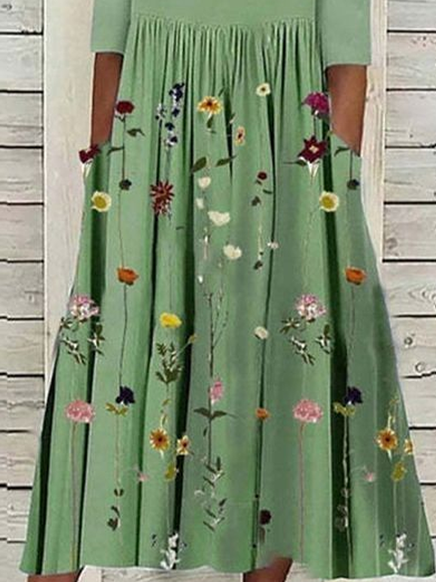 Damen Geblümt Kurzarm Sommer Print Kleid Rundhals Täglich Lässig Maxikleid Etuikleid H-Linie Kleid