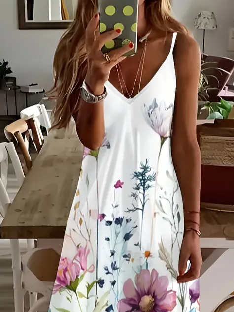 Damen Geblümt Ärmellos Sommer Print Kleid V-Ausschnitt Täglich Lässig Maxikleid Unterhose Kleid X-Linie Kleid