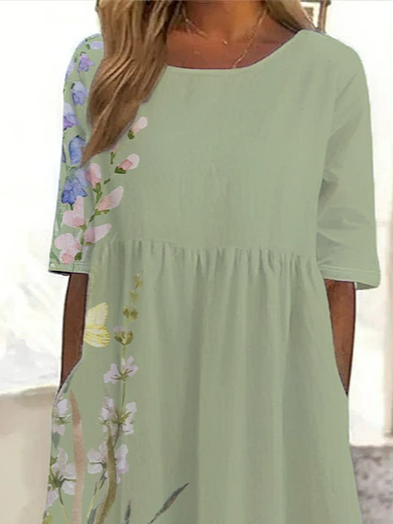 Damen Geblümt Kurzarm Sommer Print Kleid Rundhals Täglich Lässig Maxikleid Etuikleid H-Linie Kleid