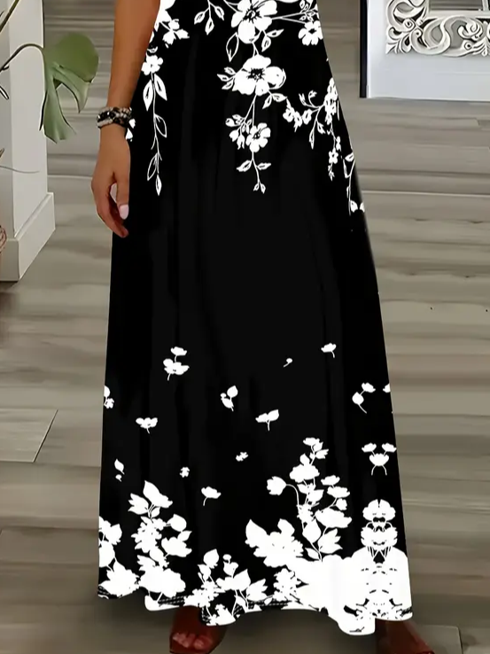 Damen Geblümt Ärmellos Sommer Print Kleid V-Ausschnitt Täglich Lässig Maxikleid Unterhose Kleid X-Linie Kleid