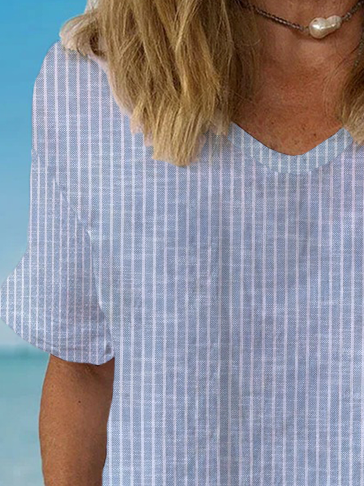 Damen Gestreift Kurzarm Bluse Sommer Rundhals Täglich Lässig Oberteile