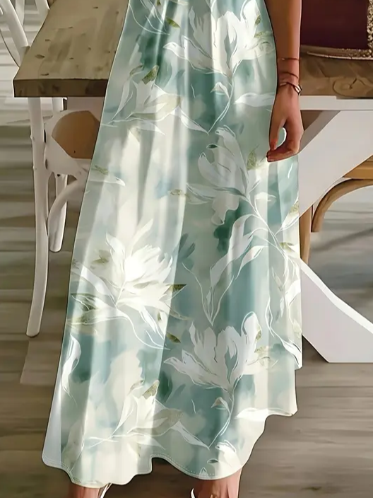 Damen Geblümt Ärmellos Sommer Print Kleid V-Ausschnitt Täglich Lässig Maxikleid Unterhose Kleid X-Linie Kleid