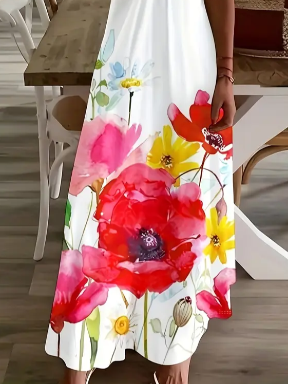 Damen Geblümt Ärmellos Sommer Print Kleid V-Ausschnitt Täglich Lässig Maxikleid Unterhose Kleid X-Linie Kleid