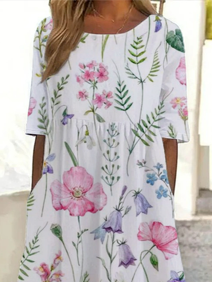 Damen Geblümt Kurzarm Sommer Print Kleid Rundhals Täglich Lässig Maxikleid Etuikleid H-Linie Kleid