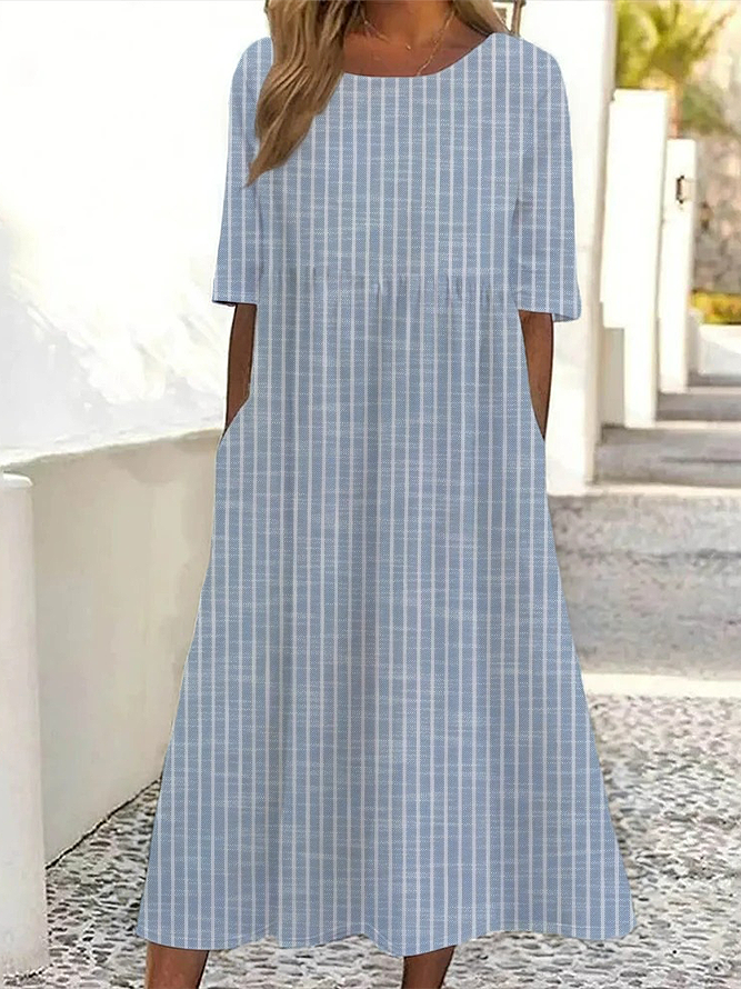 Damen Gestreift Kurzarm Sommer Print Kleid Rundhals Täglich Lässig Maxikleid Etuikleid H-Linie Kleid