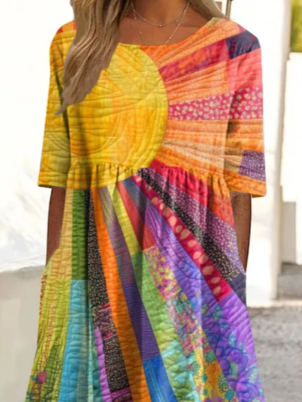 Damen Hippie Kurzarm Sommer Print Kleid Rundhals Täglich Lässig Maxikleid Etuikleid H-Linie Kleid