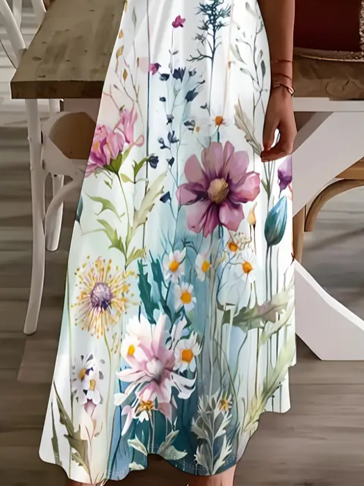 Damen Geblümt Ärmellos Sommer Print Kleid V-Ausschnitt Täglich Lässig Maxikleid Unterhose Kleid X-Linie Kleid