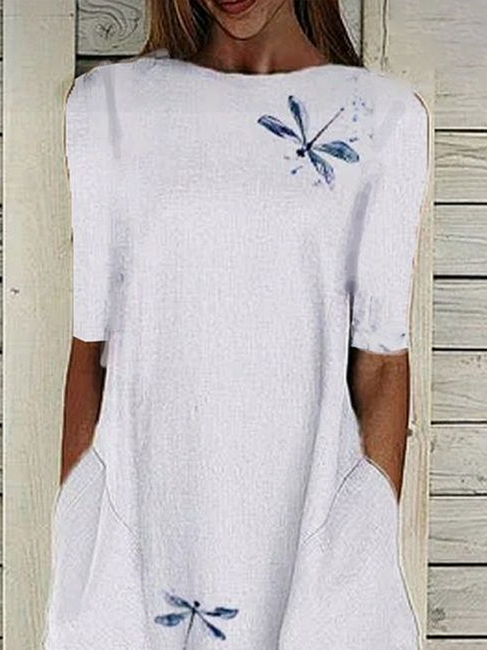 Damen Libelle Kurzarm Sommer Print Kleid Rundhals Täglich Lässig Maxikleid Etuikleid H-Linie Kleid