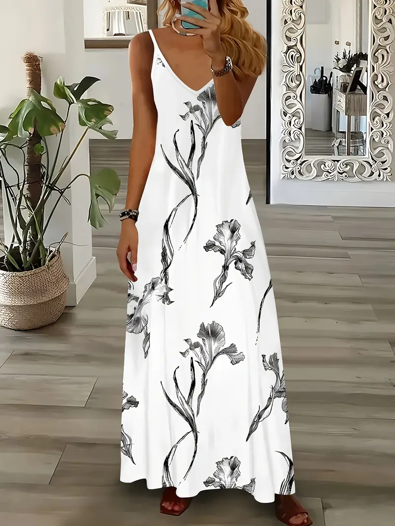 Damen Geblümt Ärmellos Sommer Print Kleid V-Ausschnitt Täglich Lässig Maxikleid Unterhose Kleid X-Linie Kleid