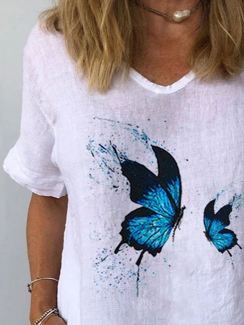 Damen Schmetterling Kurzarm Bluse Sommer Rundhals Täglich Lässig Oberteile