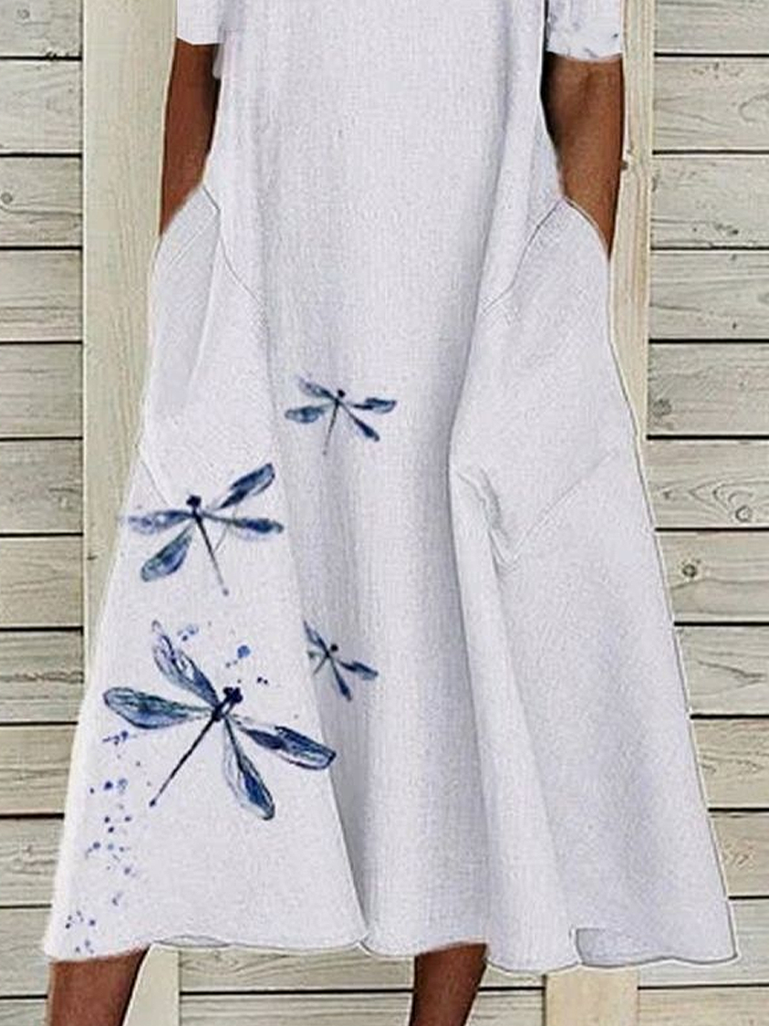 Damen Libelle Kurzarm Sommer Print Kleid Rundhals Täglich Lässig Maxikleid Etuikleid H-Linie Kleid