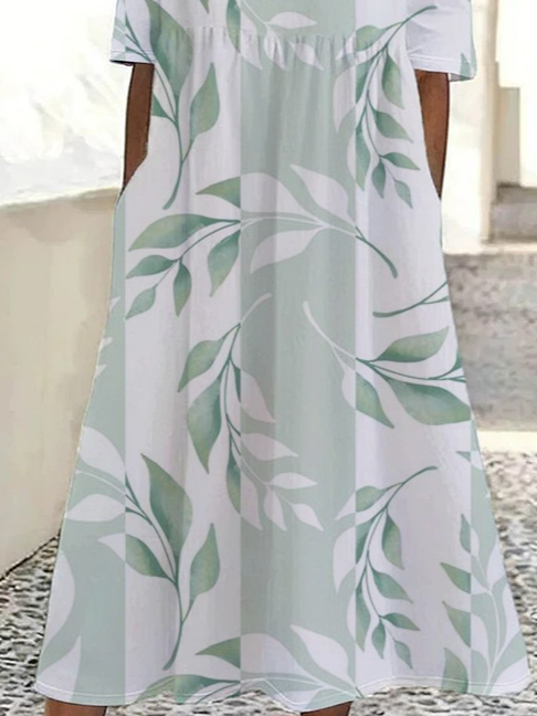 Damen Geblümt Kurzarm Sommer Print Kleid Rundhals Täglich Lässig Maxikleid Etuikleid H-Linie Kleid