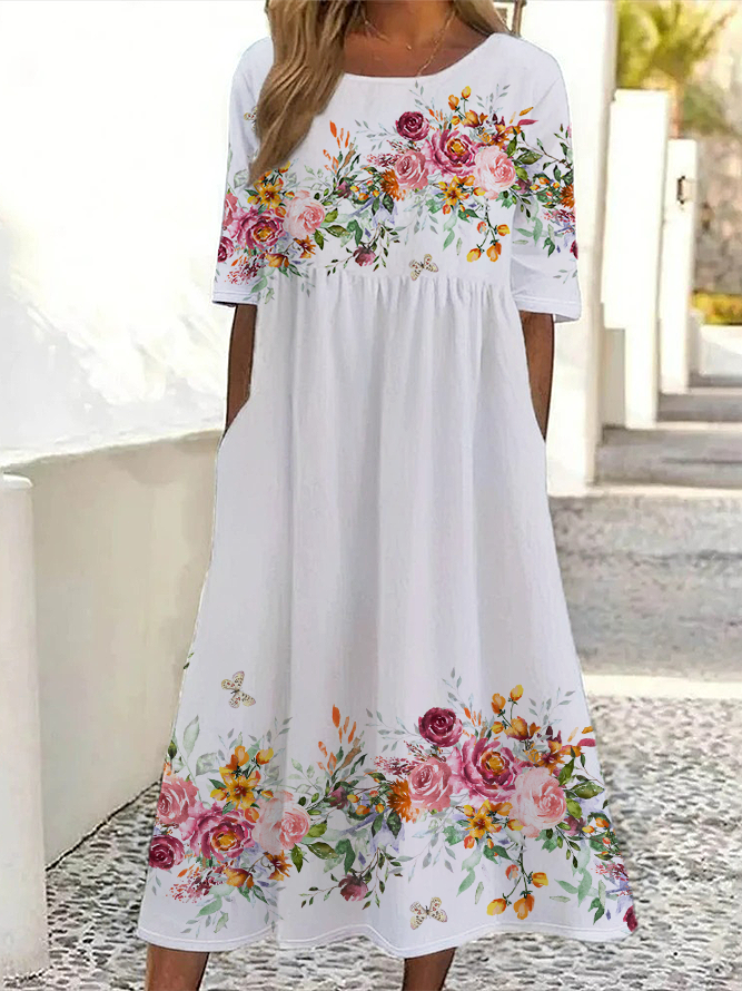 Damen Geblümt Kurzarm Sommer Print Kleid Rundhals Täglich Lässig Maxikleid Etuikleid H-Linie Kleid