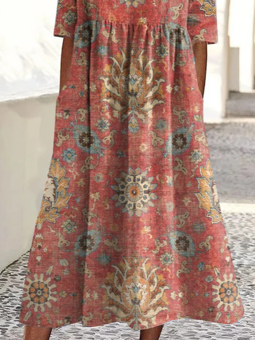 Damen Geblümt Kurzarm Sommer Print Kleid Rundhals Täglich Lässig Maxikleid Etuikleid H-Linie Kleid