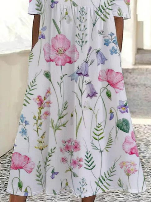 Damen Geblümt Kurzarm Sommer Print Kleid Rundhals Täglich Lässig Maxikleid Etuikleid H-Linie Kleid