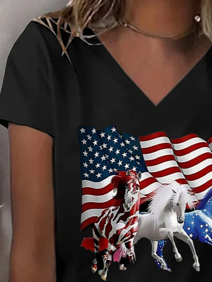 Damen Tag der Unabhängigkeit (Flagge) Kurzarm T-Shirts T-Shirt V-Ausschnitt Print Lässig Sommer T-Shirt mit Grafik Oberteile