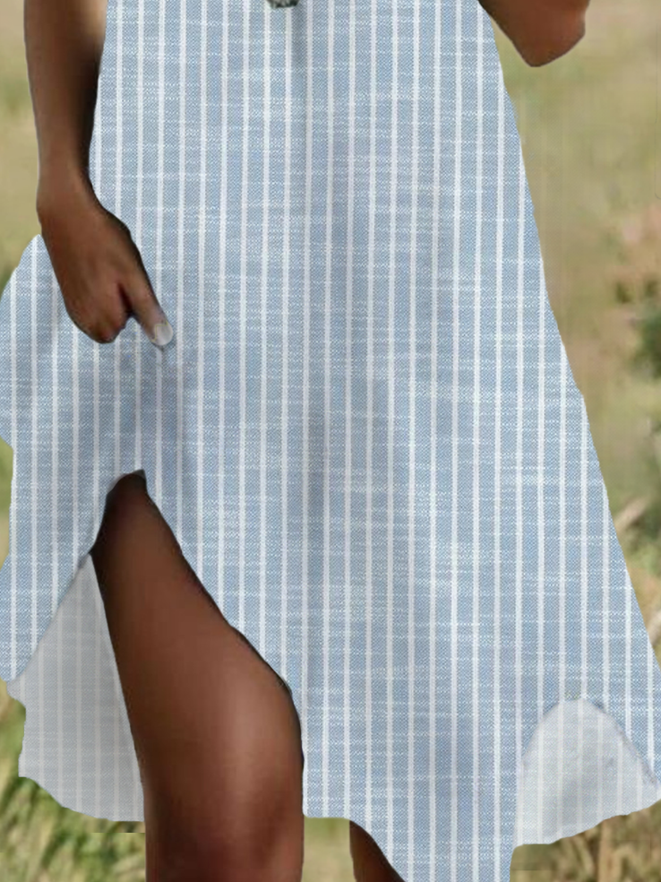 Damen Gestreift Kurzarm Sommer Print Kleid Rundhals Täglich Lässig Mini Tunika H-Linie Kleid
