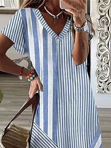 Damen Gestreift Kurzarm Sommer Print Kleid V-Ausschnitt Täglich Lässig Maxikleid X-Linie Kleid