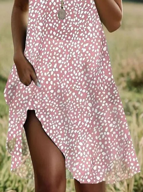 Damen Polka Dots Kurzarm Sommer Print Kleid Rundhals Täglich Lässig Mini Tunika H-Linie Kleid