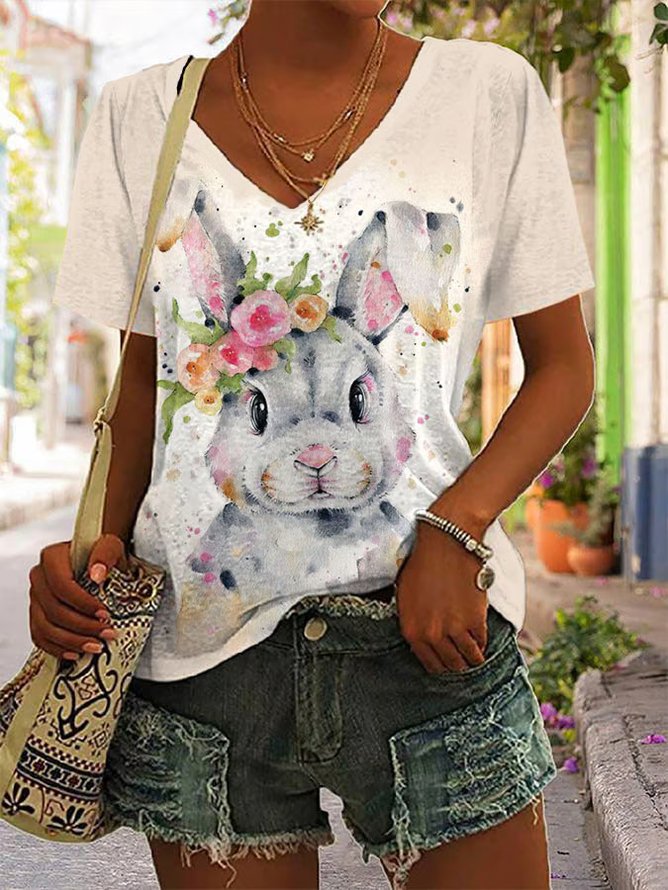 Damen OSTERN (Kaninchen) Kurzarm T-Shirts T-Shirt V-Ausschnitt Print Lässig Sommer T-Shirt mit Grafik Oberteile