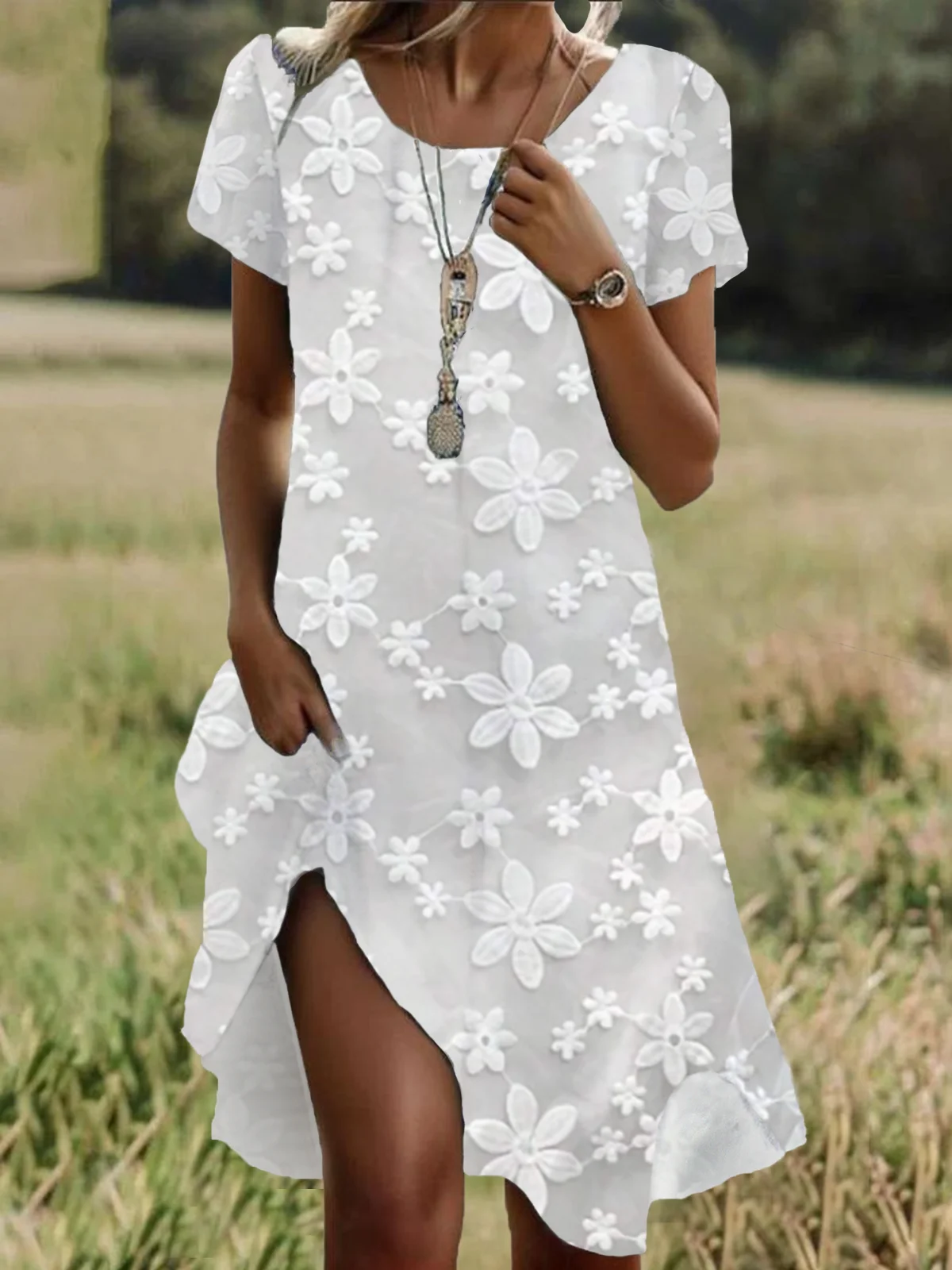 Damen Geblümt Kurzarm Sommer Print Kleid Rundhals Täglich Lässig Mini Tunika H-Linie Kleid