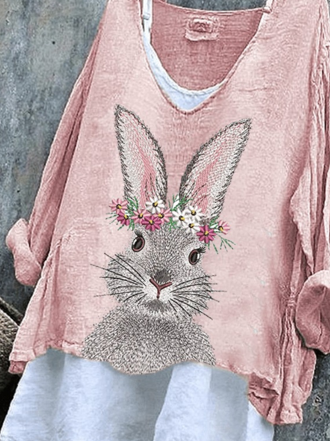 Damen OSTERN (Kaninchen) Langarm T-Shirts T-Shirt V-Ausschnitt Retro Frühling/Herbst Oberteile