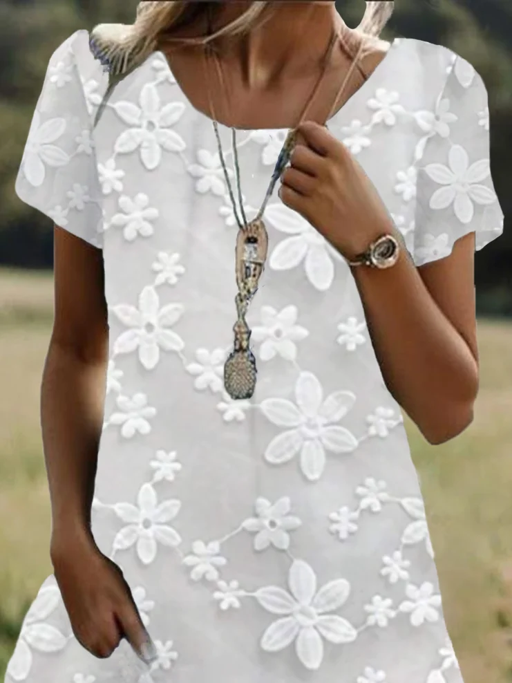 Damen Geblümt Kurzarm Sommer Print Kleid Rundhals Täglich Lässig Mini Tunika H-Linie Kleid