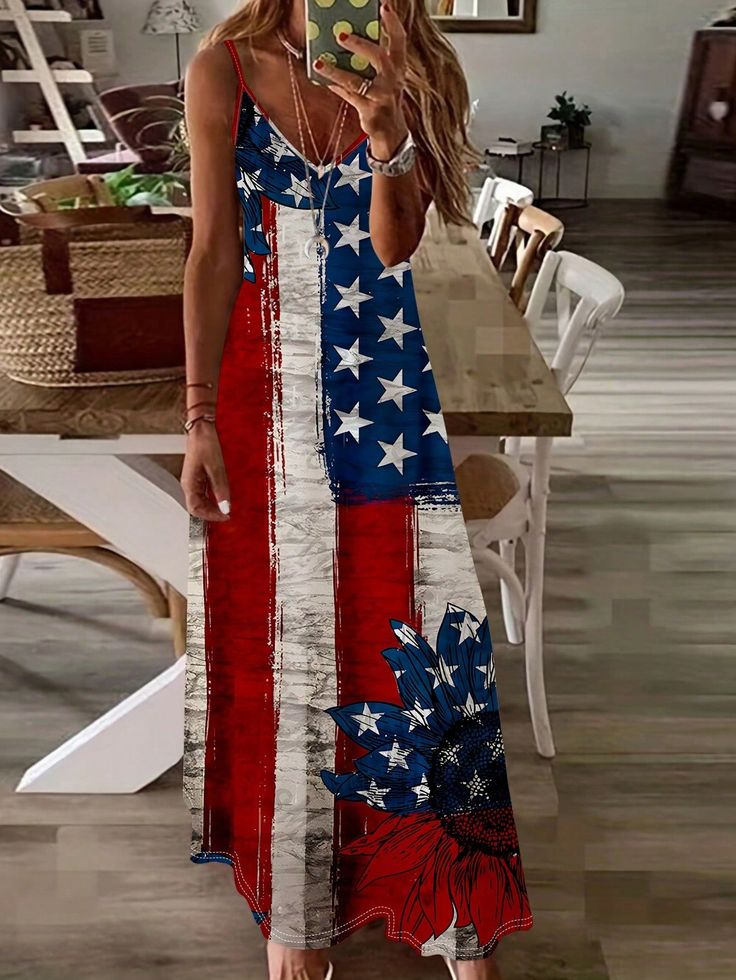 Damen Tag der Unabhängigkeit (Flagge) Ärmellos Sommer Print Kleid V-Ausschnitt Täglich Lässig Maxikleid Unterhose Kleid X-Linie Kleid