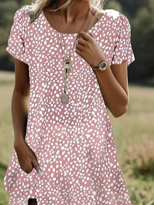 Damen Polka Dots Kurzarm Sommer Print Kleid Rundhals Täglich Lässig Mini Tunika H-Linie Kleid
