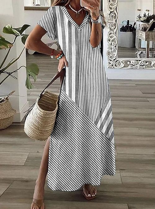 Damen Gestreift Kurzarm Sommer Print Kleid V-Ausschnitt Täglich Lässig Maxikleid X-Linie Kleid