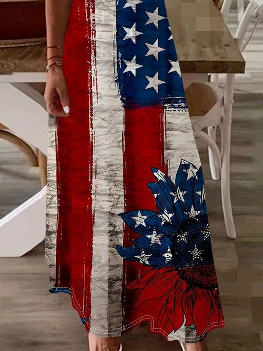 Damen Tag der Unabhängigkeit (Flagge) Ärmellos Sommer Print Kleid V-Ausschnitt Täglich Lässig Maxikleid Unterhose Kleid X-Linie Kleid