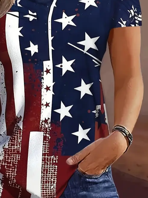 Damen Tag der Unabhängigkeit (Flagge) Kurzarm T-Shirts T-Shirt V-Ausschnitt Print Lässig Sommer T-Shirt mit Grafik Oberteile
