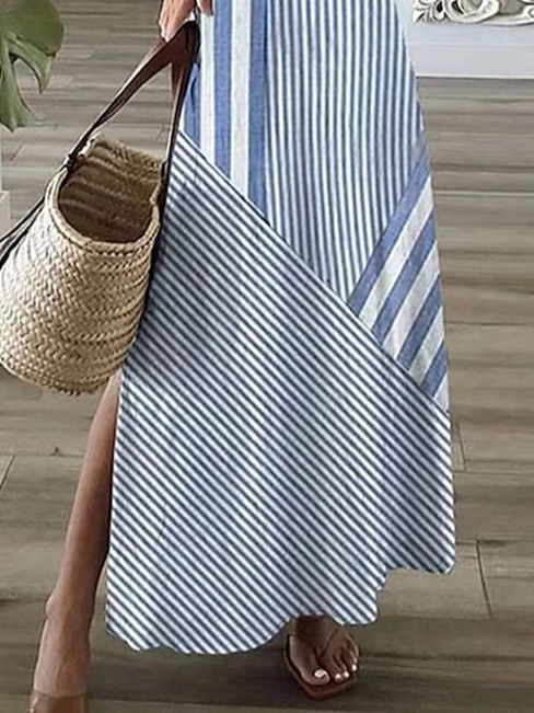 Damen Gestreift Kurzarm Sommer Print Kleid V-Ausschnitt Täglich Lässig Maxikleid X-Linie Kleid