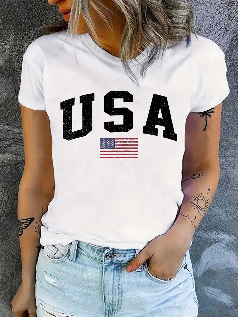 Damen Tag der Unabhängigkeit (Flagge) Kurzarm T-Shirts T-Shirt Rundhals Print Lässig Sommer T-Shirt mit Grafik Oberteile