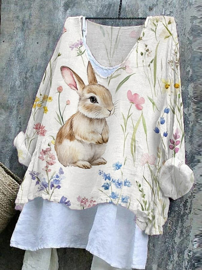 Damen OSTERN (Kaninchen) Langarm T-Shirts T-Shirt V-Ausschnitt Retro Frühling/Herbst Oberteile