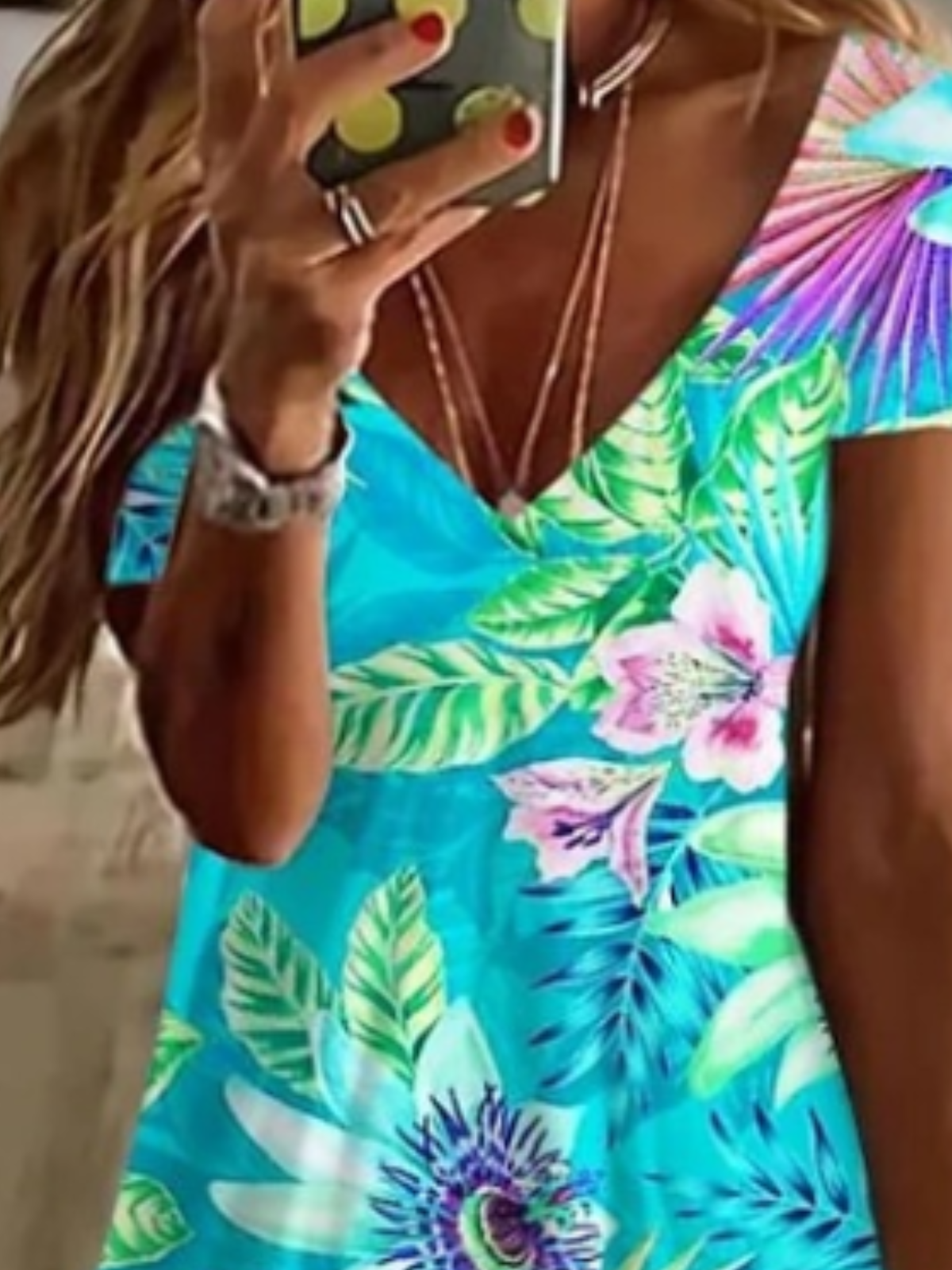 Damen Geblümt Kurzarm Sommer Kleid V-Ausschnitt Täglich Lässig Midi A-Linien-Kleid