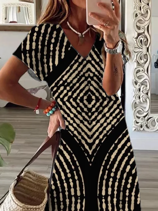 Damen Geometrisch Kurzarm Sommer Print Kleid V-Ausschnitt Täglich Lässig Maxikleid X-Linie Kleid