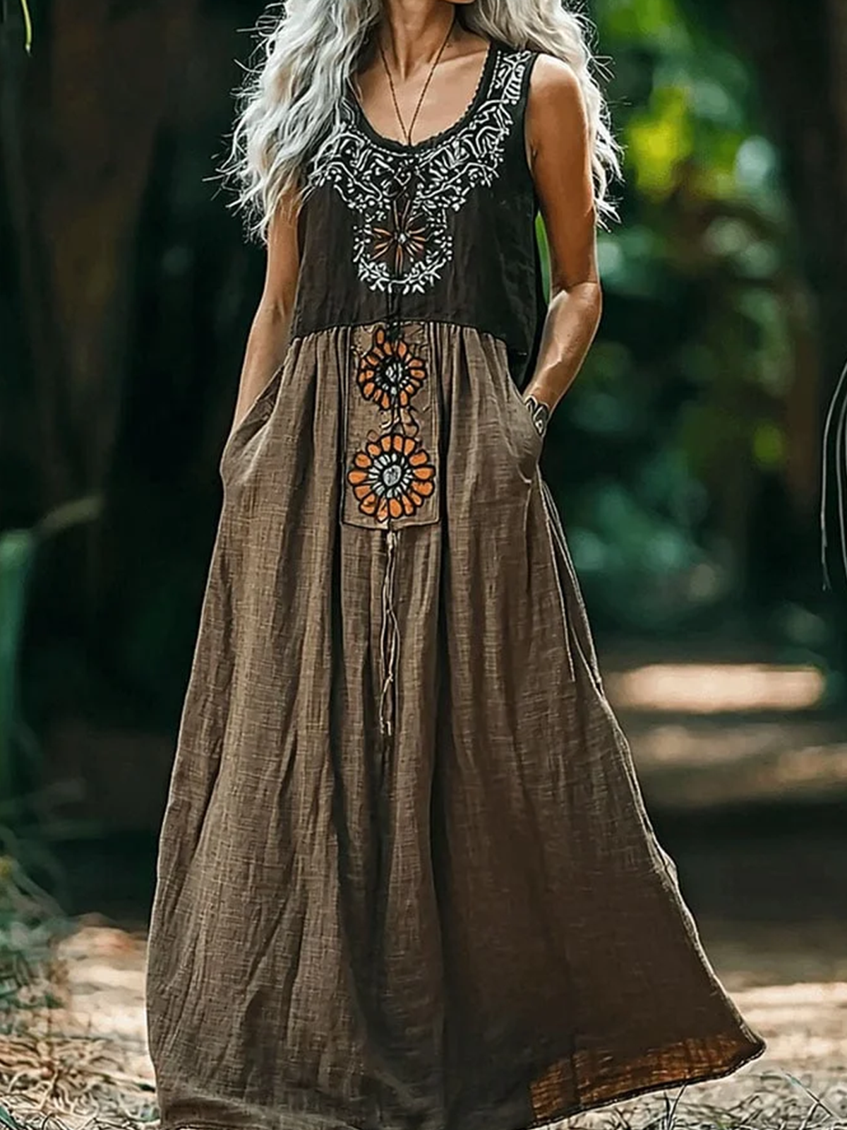 Damen Ethnisch Geometrie Ärmellos Sommer Kleid V-Ausschnitt Täglich Retro Maxikleid A-Linien-Kleid
