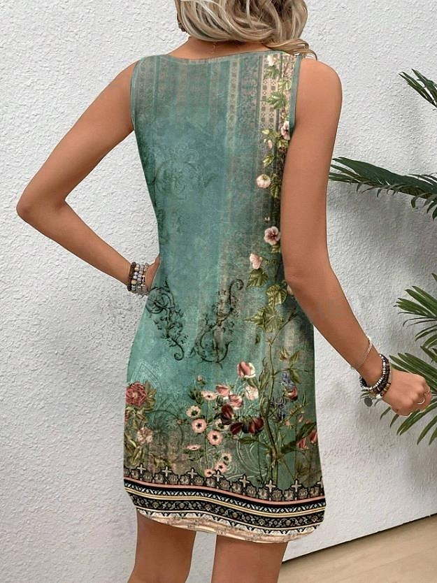 Damen Geblümt Ärmellos Sommer Print Kleid Rundhals Täglich Lässig Midi Tanktop X-Linie Kleid