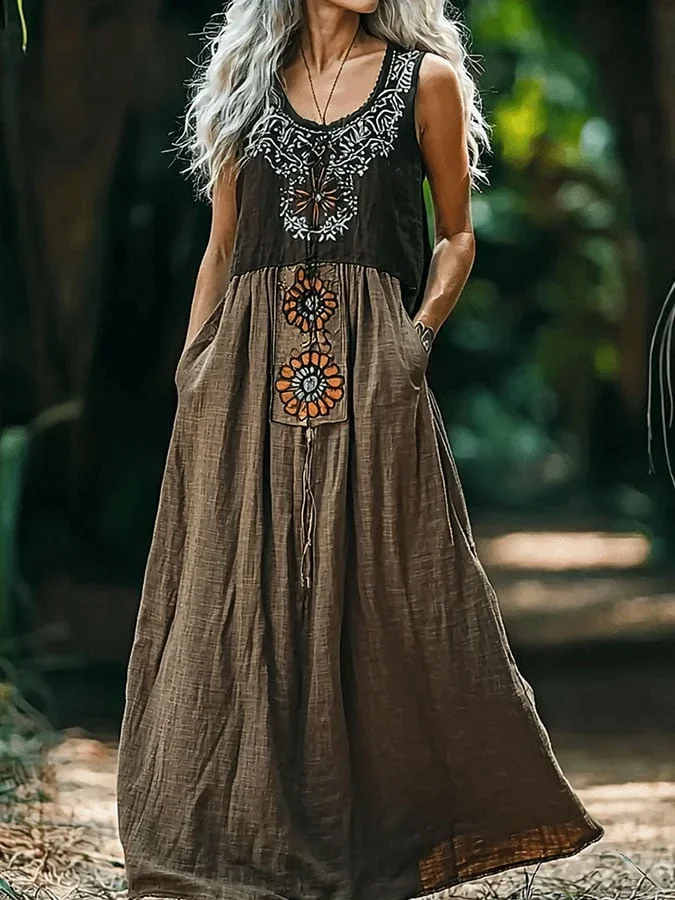 Damen Ethnisch Geometrie Ärmellos Sommer Kleid V-Ausschnitt Täglich Retro Maxikleid A-Linien-Kleid