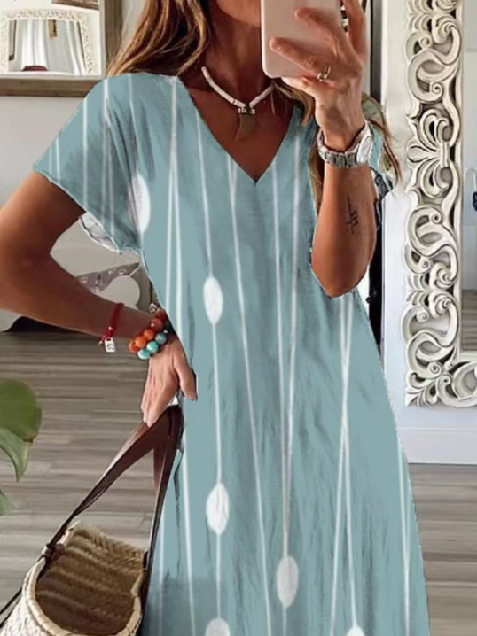 Damen Gestreift Kurzarm Sommer Print Kleid V-Ausschnitt Täglich Lässig Maxikleid X-Linie Kleid