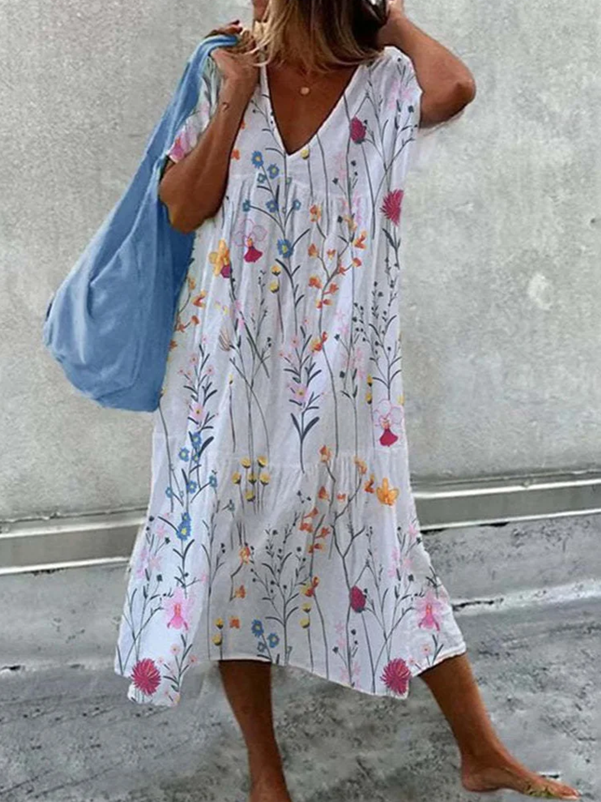 Damen Geblümt Ärmellos Sommer Kleid V-Ausschnitt Täglich Lässig Maxikleid A-Linien-Kleid