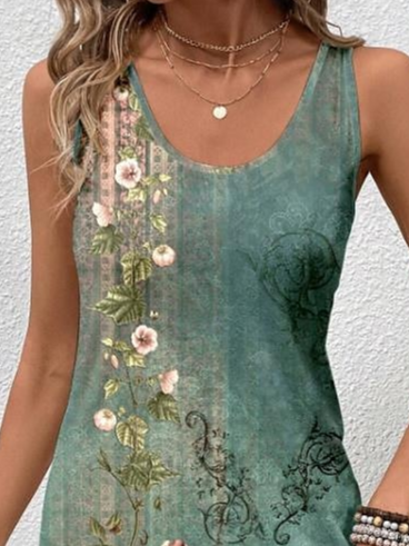 Damen Geblümt Ärmellos Sommer Print Kleid Rundhals Täglich Lässig Midi Tanktop X-Linie Kleid